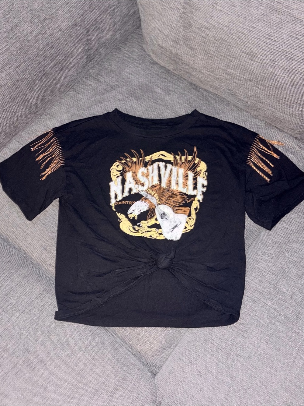 Nashville Graphic Fringe Sleeve Tie Front Crop Tee XS